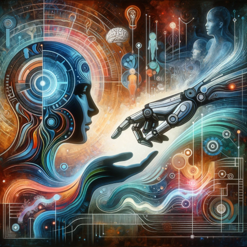 Artistic representation that symbolizes "Understanding Trust in Automation" in a human factors context. The image captures the essence of trust and collaboration between humans and automation, blending elements of technology and human psychology.