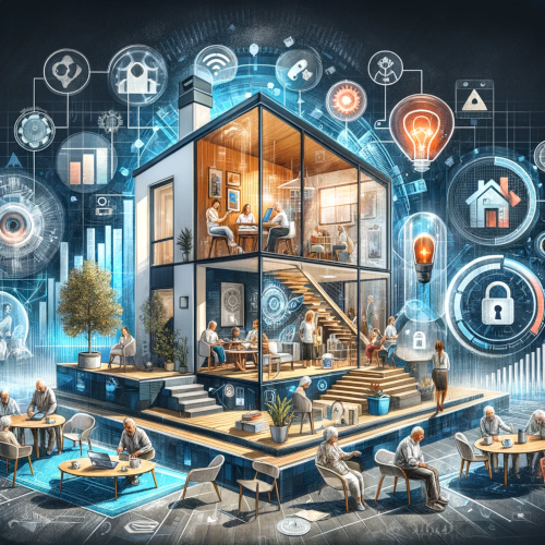 The image illustrates a modern home setting integrated with AAL technology, surrounded by symbols of privacy and various individuals engaged in discussions, reflecting the study's themes and findings.