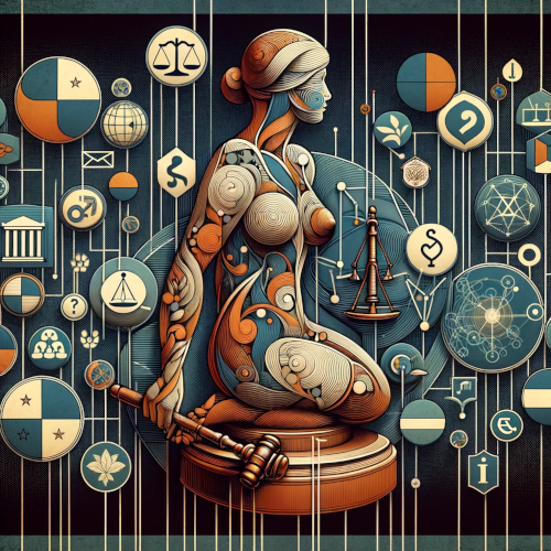 The image is an abstract illustration depicting a legal analysis of nudity in the context of innovative technologies across European jurisdictions. It features symbolic legal elements such as scales of justice, gavels, and legal documents, all blended with modern technology icons like digital screens and network symbols. Subtle national symbols or flags represent different European jurisdictions, highlighting their unique legal perspectives. The artwork includes abstract forms and shapes, conveying the comp
