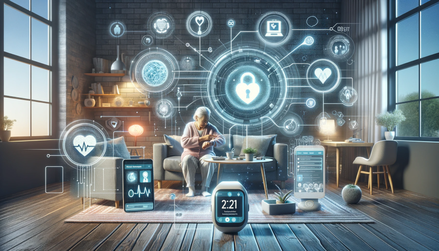 The image shows an elderly person in a comfortable home setting, surrounded by smart healthcare devices, with an emphasis on the themes of trust and privacy.