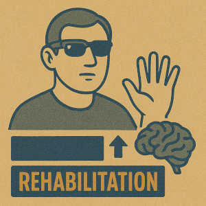 A person with smart glasses in hand rehabilitation, a brain, and the label "rehabilitation"