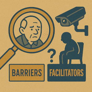 An old man being monitored. Labels of "barriers" and "facilitators"