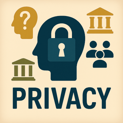 A flat graphic illustration visualising the concept of privacy through multiple disciplinary lenses. At the center is a dark blue silhouette of a human head with a padlock symbol inside, representing privacy. Surrounding it are three icons: a mustard-yellow head with a question mark for philosophy, a golden courthouse for law, and a group of navy-blue figures for social sciences. Below, the word “PRIVACY” is displayed in bold dark blue letters. 