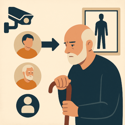 A flat-style digital illustration portrays an elderly man with a white beard and a somber expression, leaning on a cane. To his left, three circular icons show a younger man, an older man, and a generic user icon, connected by a right-pointing arrow—symbolising future self-similarity. A surveillance camera hovers in the top-left corner, while a framed silhouette figure hangs behind the man, evoking themes of identity and monitoring