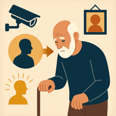 A flat-design digital illustration shows an elderly man with a white beard leaning on a cane, appearing thoughtful. To his left, a dark navy surveillance camera looks down, and two silhouette icons are connected by an arrow, symbolising future self-identification. One silhouette is orange and radiating lines, representing a vivid future self. On the wall behind the man hangs a framed portrait of a simplified figure
